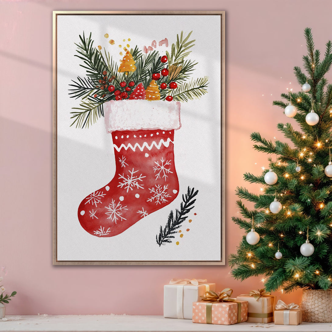 Framed Wall Art: Watercolor Christmas stocking print with festive red, green, and gold colors. Add holiday cheer to your home decor!