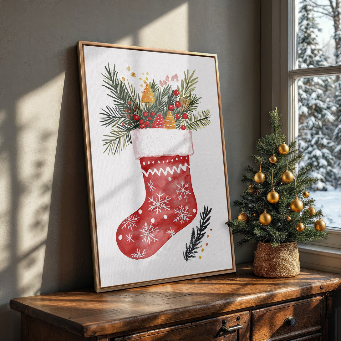 Framed Wall Art: Watercolor Christmas stocking print in red, green, and gold. Festive art for holiday decor. Adds warmth and charm to any room.