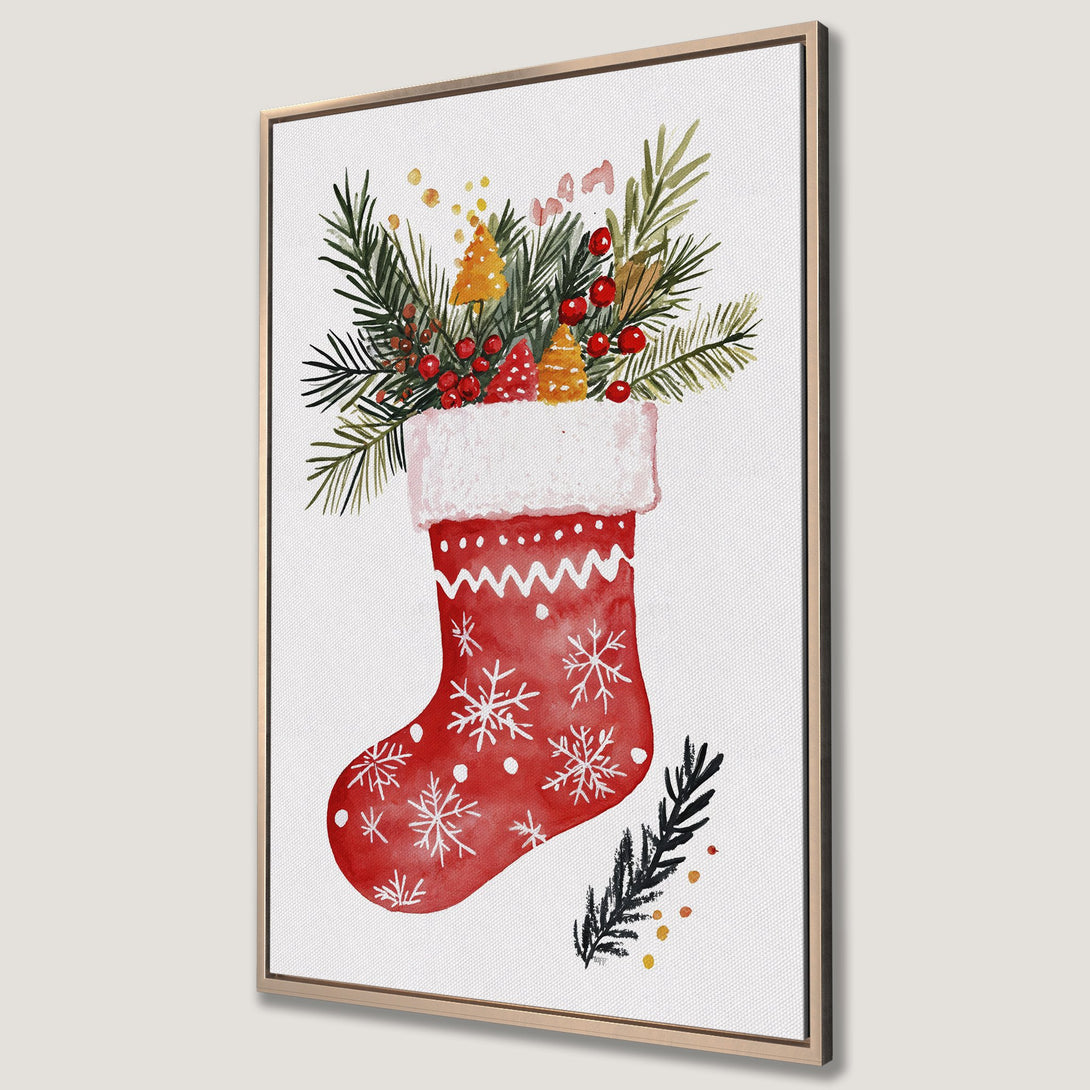 Framed Wall Art: Watercolor Christmas stocking with festive greenery & red berries. Rustic style, warm red, green, & white palette. Perfect holiday decor!