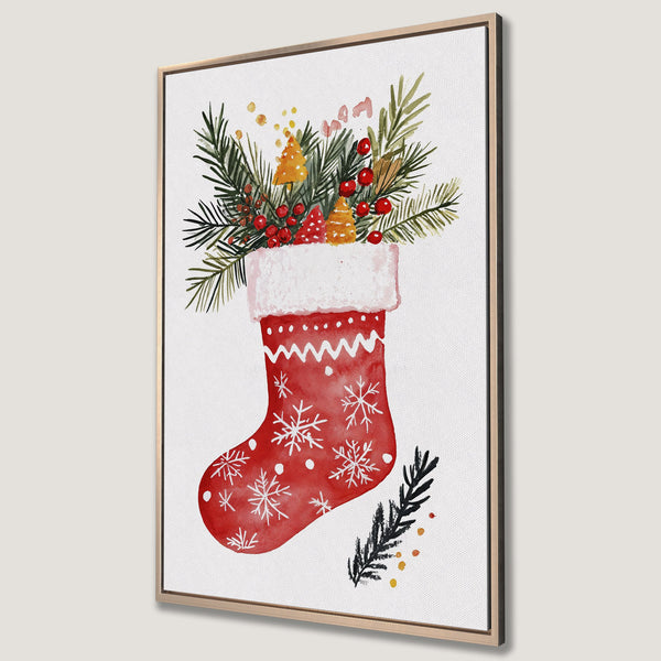 Framed Wall Art: Watercolor Christmas stocking with festive greenery & red berries. Rustic style, warm red, green, & white palette. Perfect holiday decor!