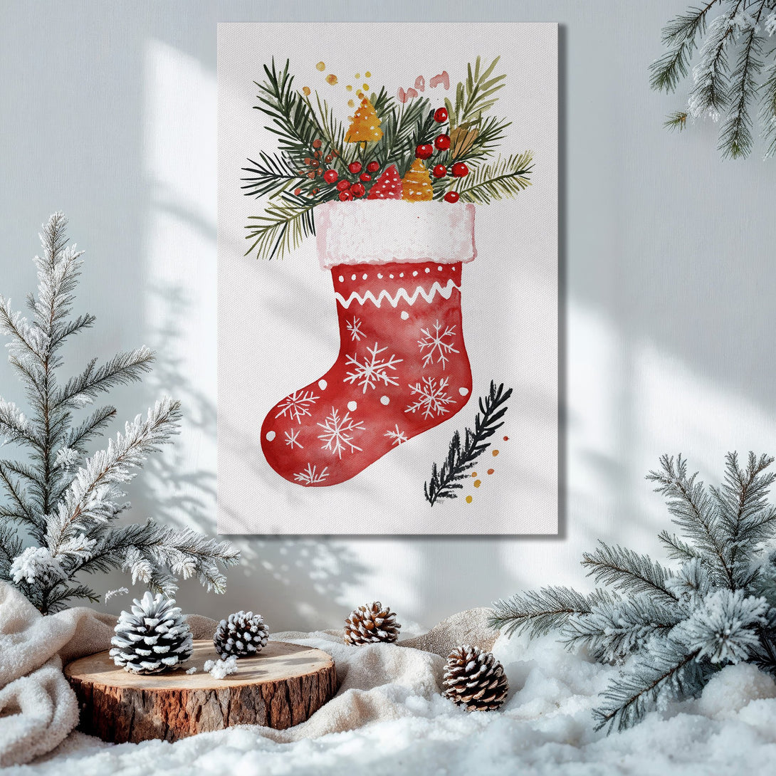 Framed Wall Art: Watercolor Christmas stocking print with red, green, and gold color palette. Perfect holiday decor for your home!