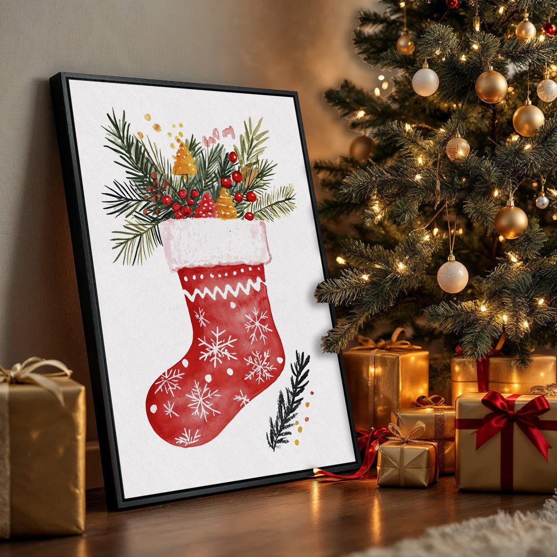 Framed Wall Art: Watercolor Christmas stocking print in red, green, and gold. Perfect holiday decor for your home!