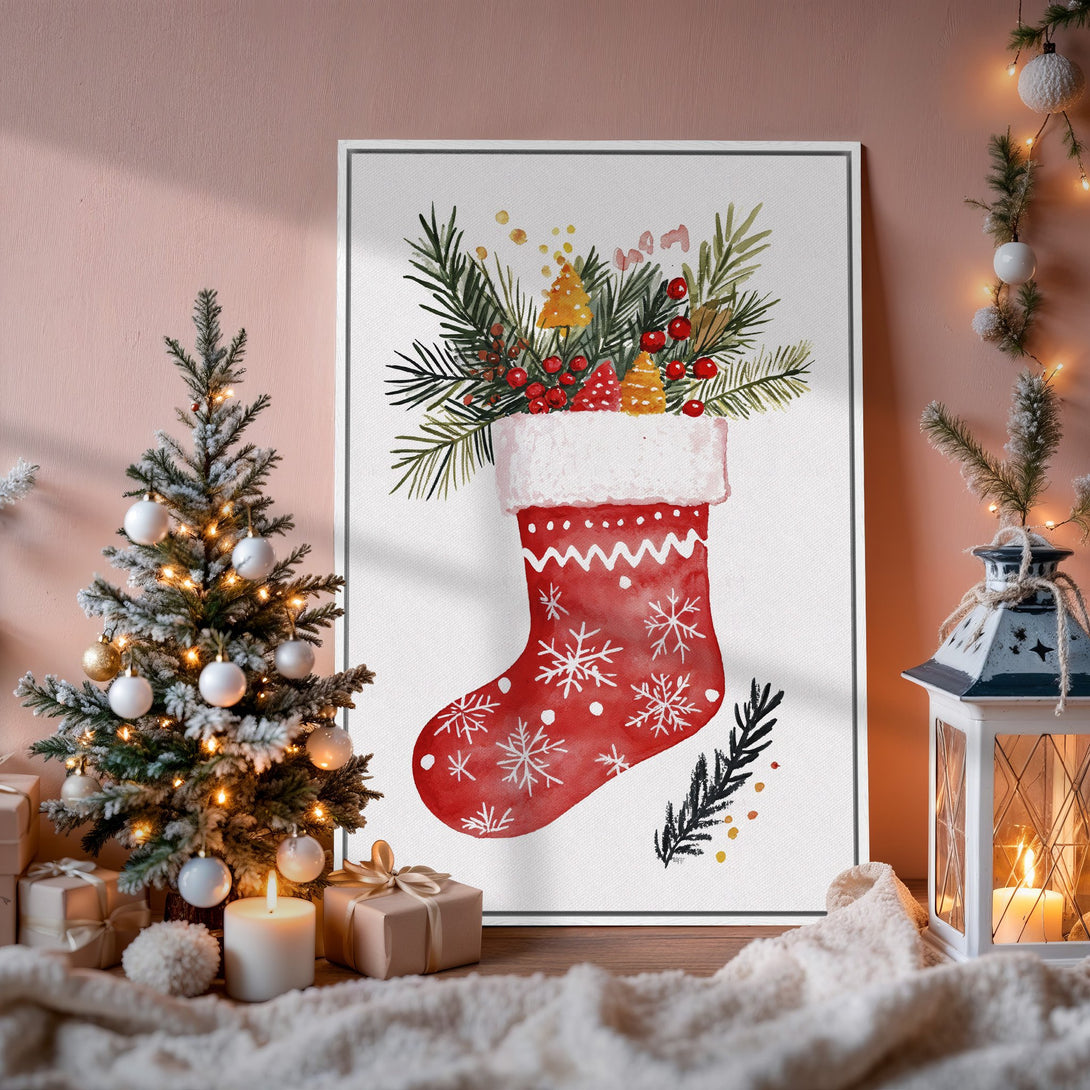 Framed Wall Art: Watercolor Christmas stocking print in red and green, perfect holiday decor. Festive art with a cozy, warm color palette.