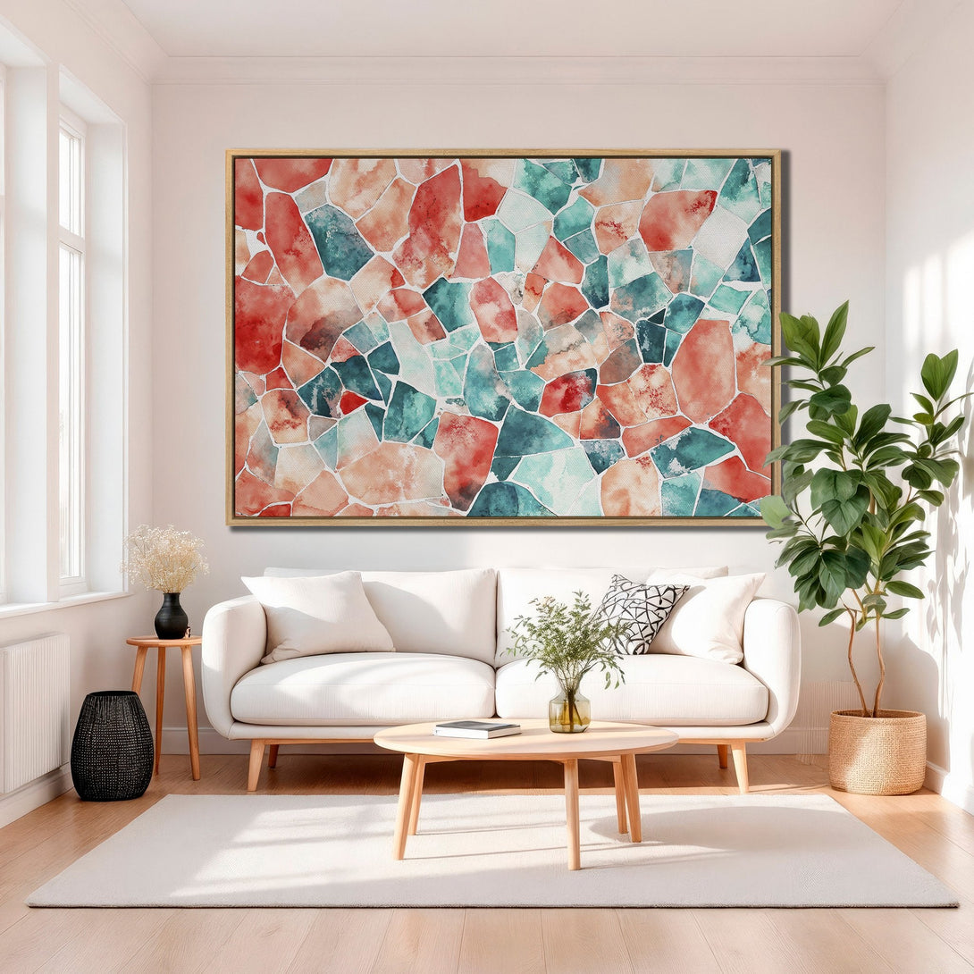 Framed Wall Art: Abstract watercolor mosaic in red, teal, and peach tones. Modern art canvas print adds a pop of color to any living room.