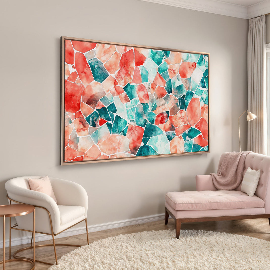 Framed Wall Art: Modern abstract watercolor art in coral, teal, and peach tones. Adds a pop of color to any space. Perfect for living rooms and bedrooms.