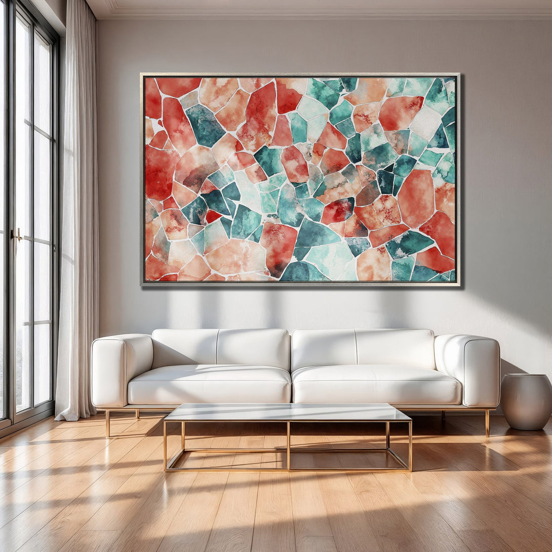 Framed Wall Art: Abstract watercolor mosaic in red, teal, and peach tones. Enhance your living room with this modern Canvas Print.