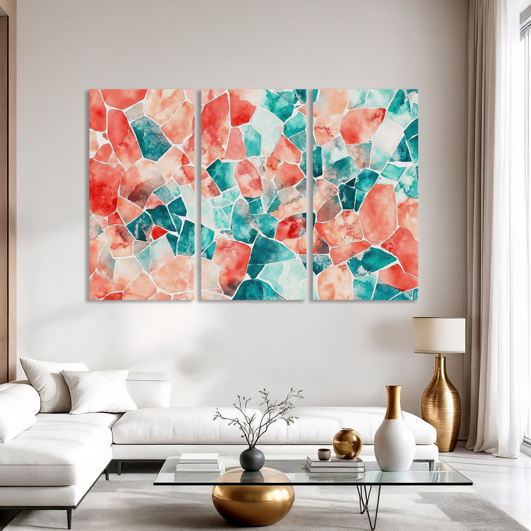 Abstract Canvas Print art in a modern living room. Features a watercolor mosaic design in teal, coral, and peach tones. Perfect wall decor!