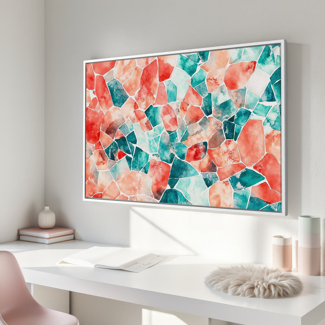 Framed Wall Art: Abstract watercolor mosaic in red, teal, and peach tones. Modern art for your home or office. Shop now!