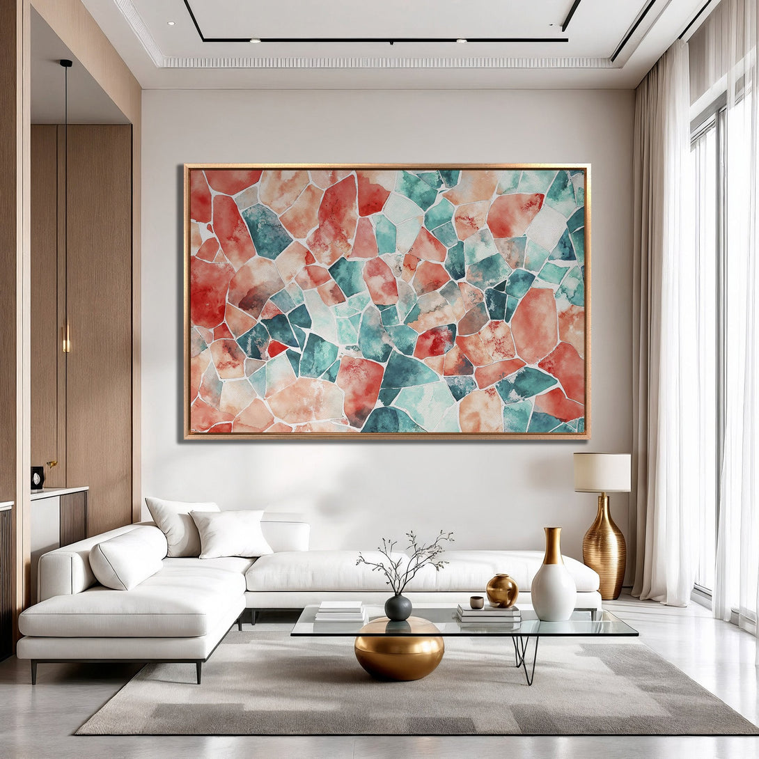 Framed Wall Art: Abstract watercolor mosaic in red, teal, and peach tones. Modern art for living room decor. Enhance your space with this stunning piece!
