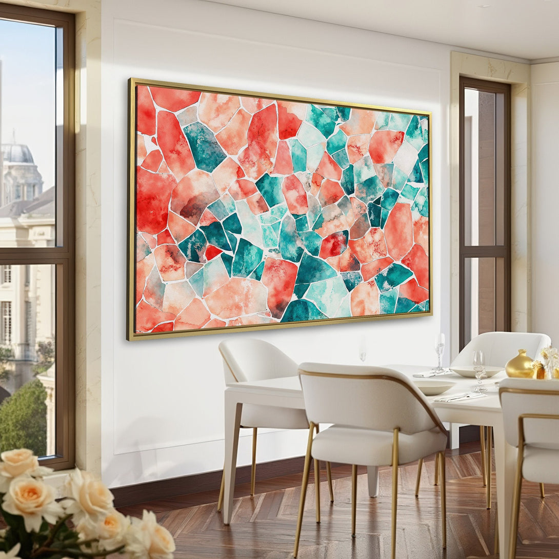 Canvas Print: Abstract watercolor art in red, teal, and peach tones. Modern wall art for a stylish interior.