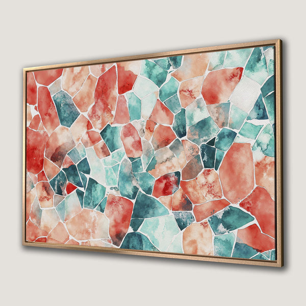 Framed Wall Art featuring an abstract watercolor mosaic in red, teal, and peach tones. Perfect for adding a pop of color to any space!