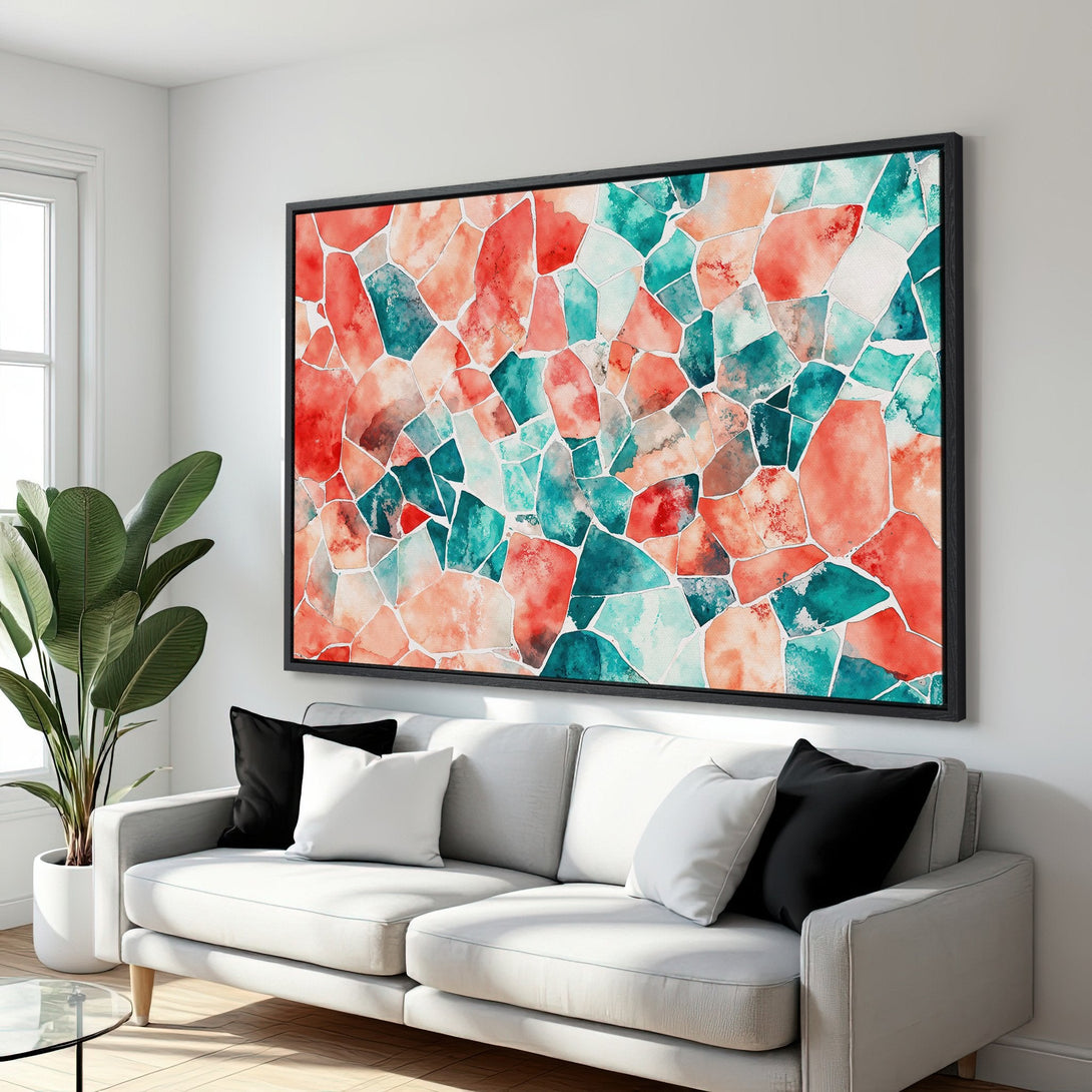 Framed Wall Art: Abstract watercolor mosaic in coral, teal, and peach tones. Modern art Canvas Print adds a pop of color to any living room. Shop now!