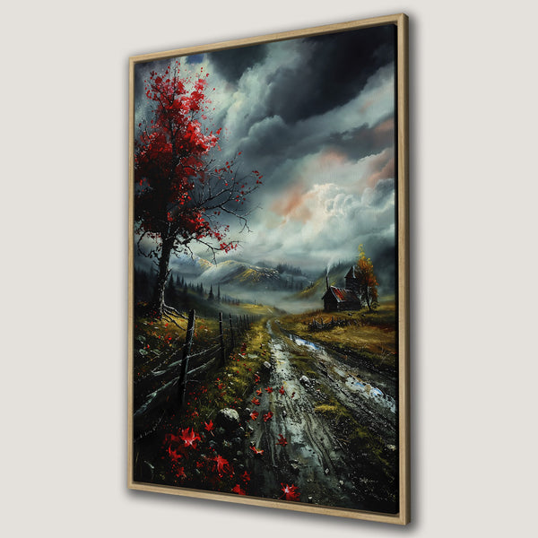 Framed Wall Art: Landscape painting with a red tree, moody sky, and a rustic cabin. Earthy tones with pops of red create a captivating canvas print.