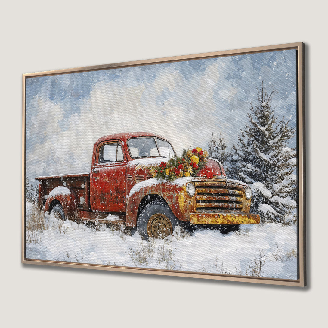 Framed Wall Art: Rustic red truck in winter landscape. Watercolor style with snowy blue, white, and yellow hues. Perfect farmhouse decor.