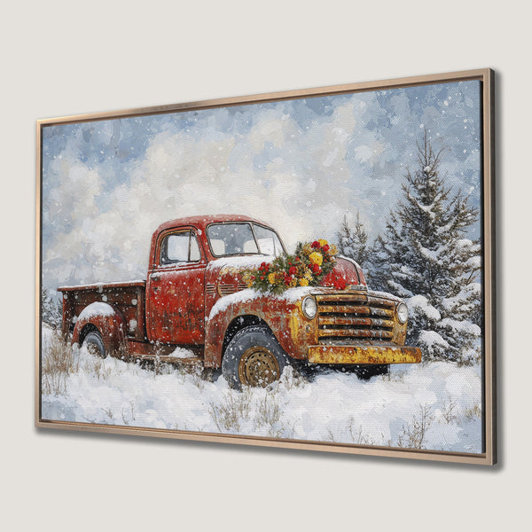 Framed Wall Art: Rustic red truck in winter landscape. Watercolor style with snowy blue, white, and yellow hues. Perfect farmhouse decor.