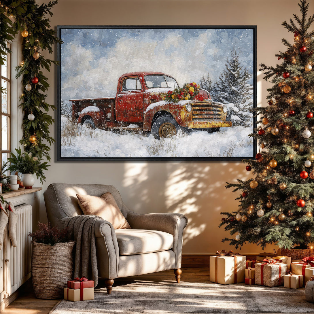 Framed Wall Art: Rustic red truck in winter scene. Warm, inviting color palette. Perfect for cozy Christmas decor.