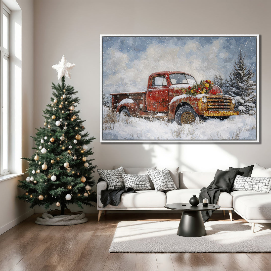 Framed Wall Art: Winter scene with a red vintage truck in the snow. Rustic style with a warm, inviting color palette. Perfect for holiday decor!