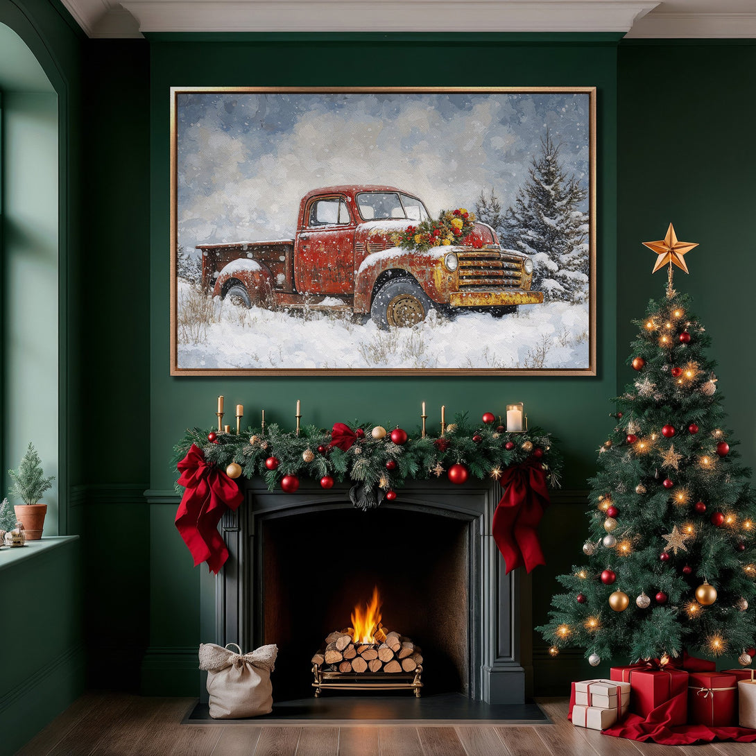 Framed Wall Art: Rustic red truck in winter scene. Warm, inviting color palette. Perfect holiday decor. Shop Canvas Prints now!