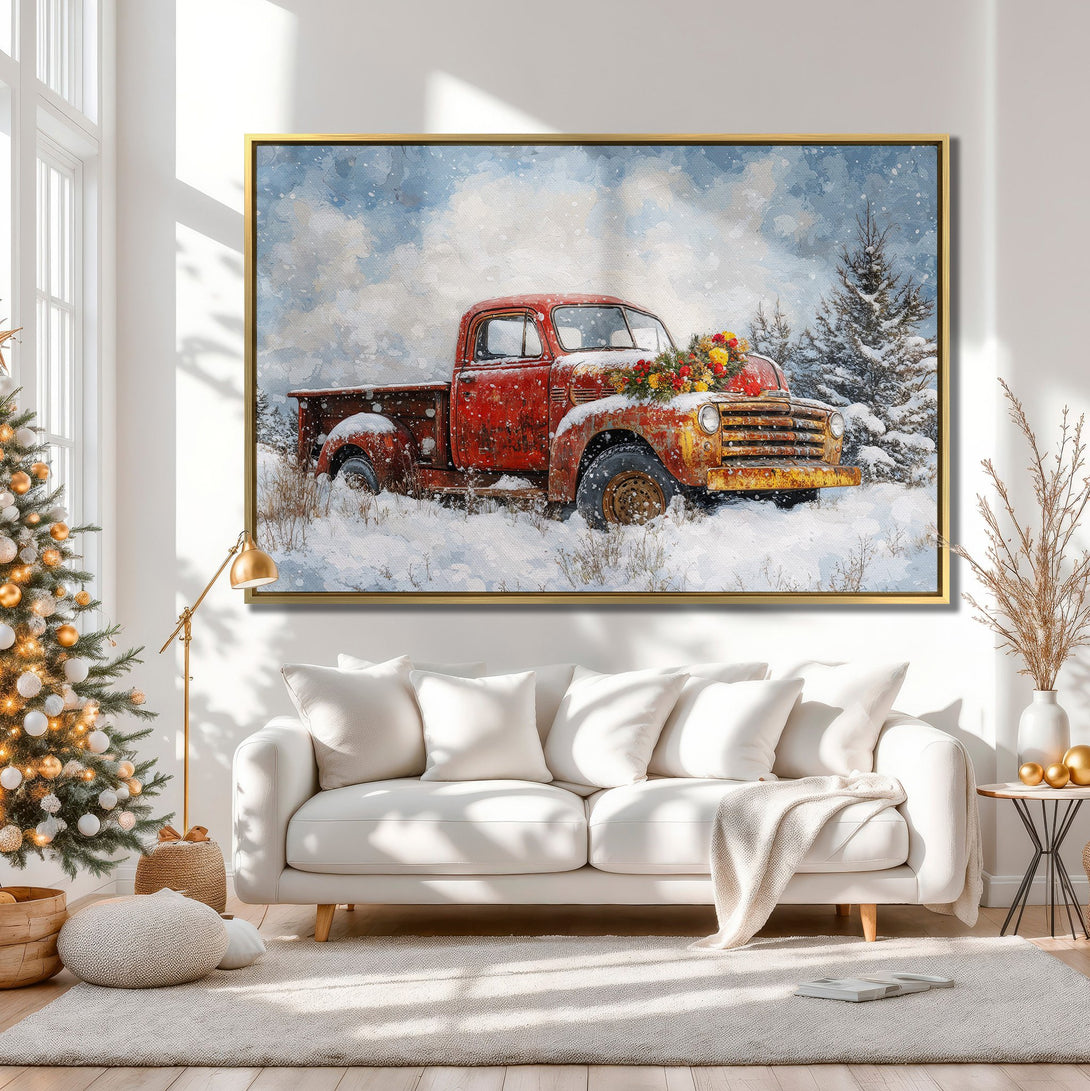 Canvas Print of a vintage red truck in winter snow. Rustic style with warm, neutral color palette. Perfect holiday wall art!