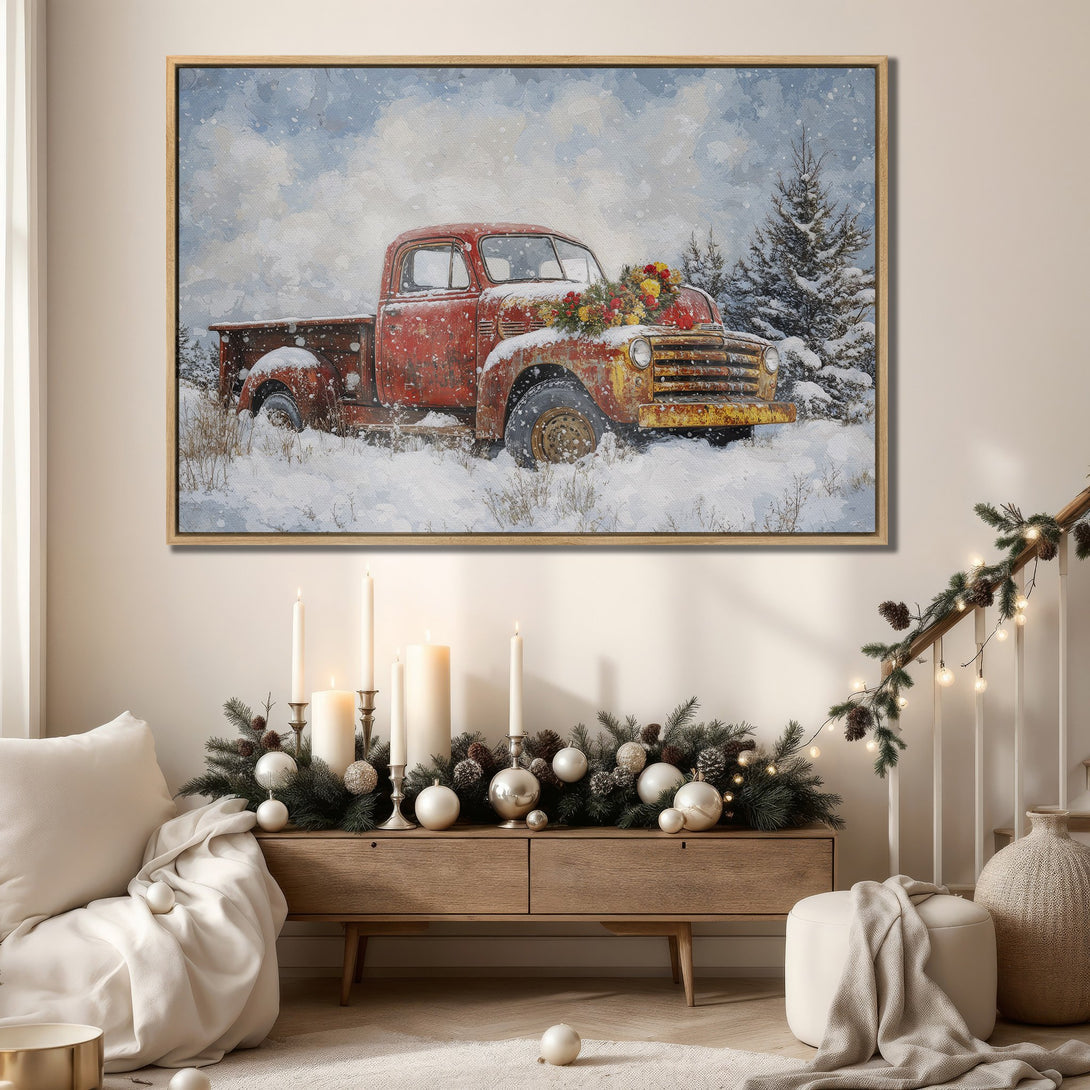 Framed Wall Art: Rustic red truck in winter scene. Cozy, warm color palette. Perfect for farmhouse decor. Add charm to your home with this canvas print.