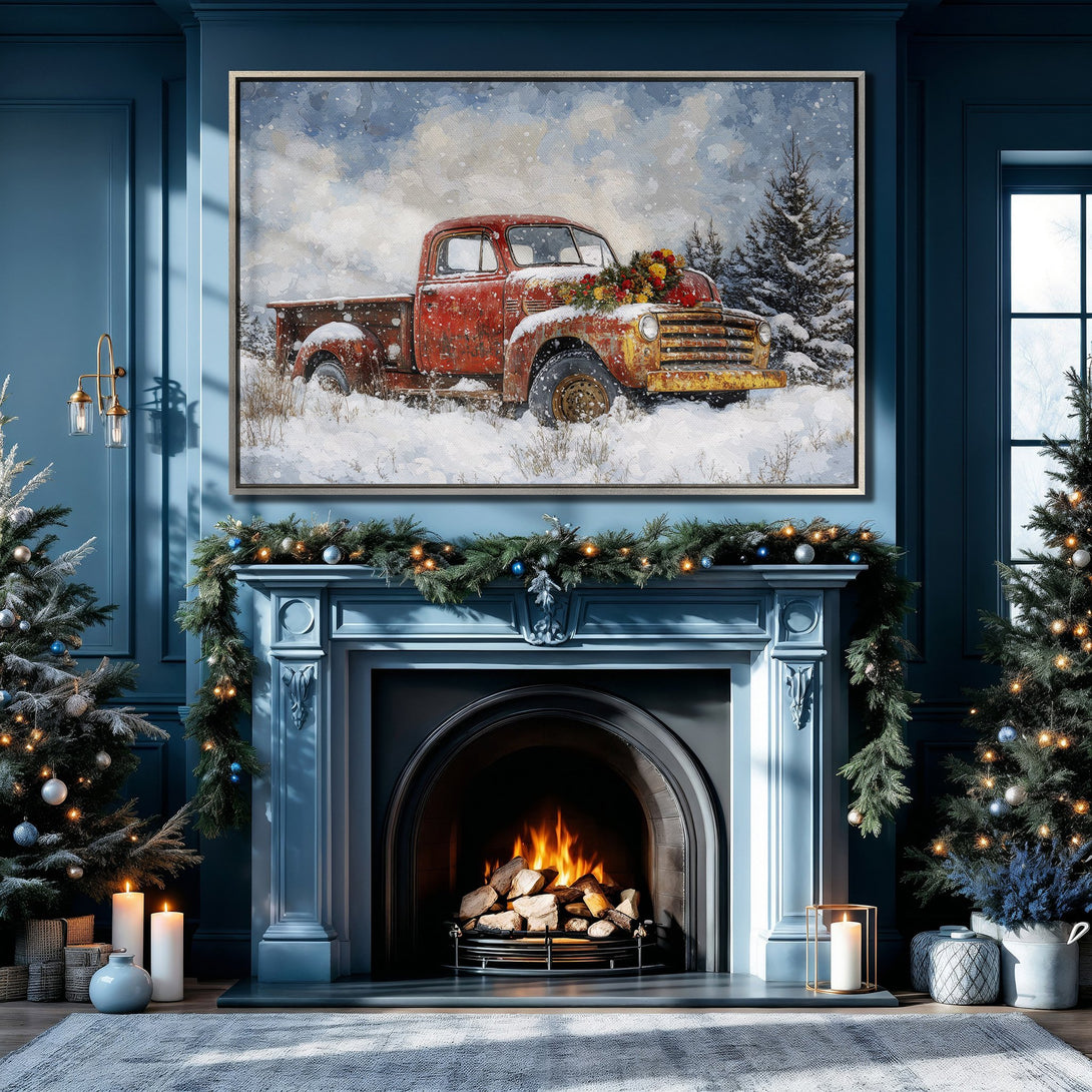 Framed Wall Art: Rustic red truck in winter scene. Cozy, painterly style with a blue and warm-toned color palette. Perfect for holiday decor.
