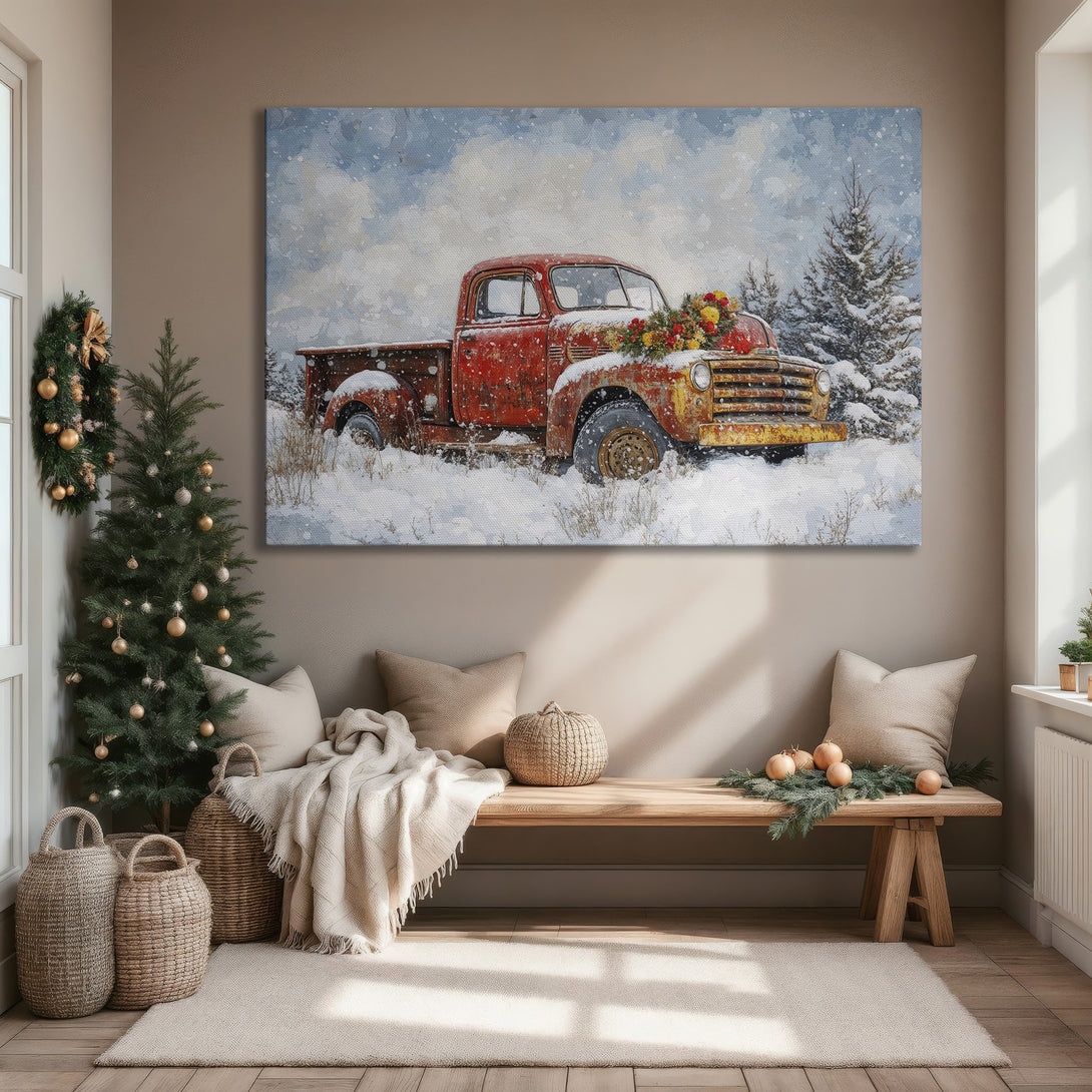 Framed Wall Art: Rustic red truck in winter landscape. Warm, inviting color palette. Perfect for a cozy living room. Shop now for art that inspires!