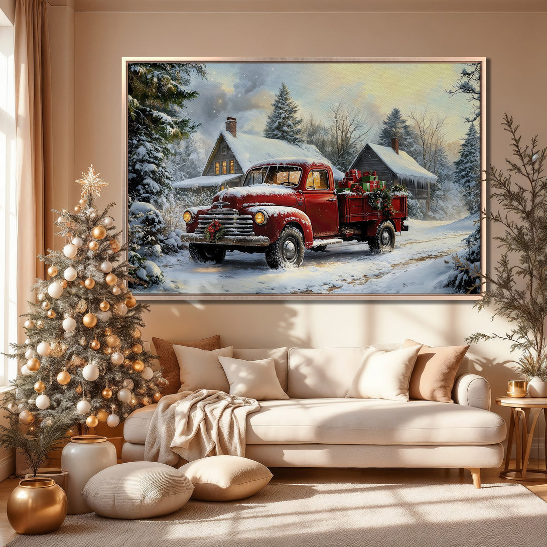 Framed Wall Art: Vintage red truck in snowy winter scene. Warm, inviting color palette. Perfect Christmas decor for cozy living rooms.