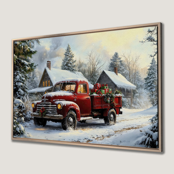 Framed Wall Art: Vintage red truck with Christmas gifts in a snowy winter scene. Rustic style, warm red, green, and white color palette. Perfect holiday decor!