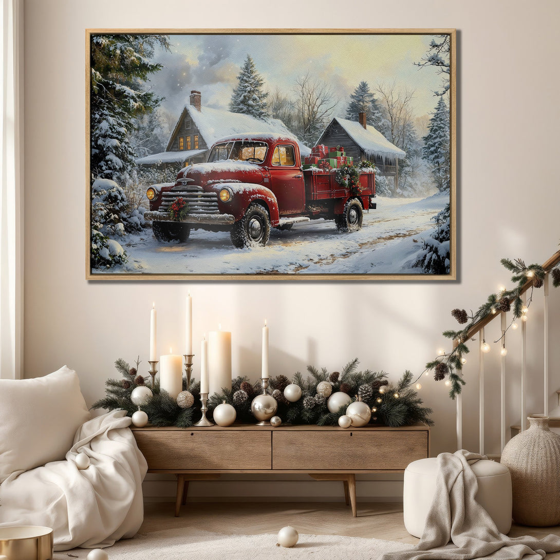 Framed Wall Art: Rustic winter scene with a red truck in a snowy landscape. Warm, inviting color palette perfect for cozy home decor.