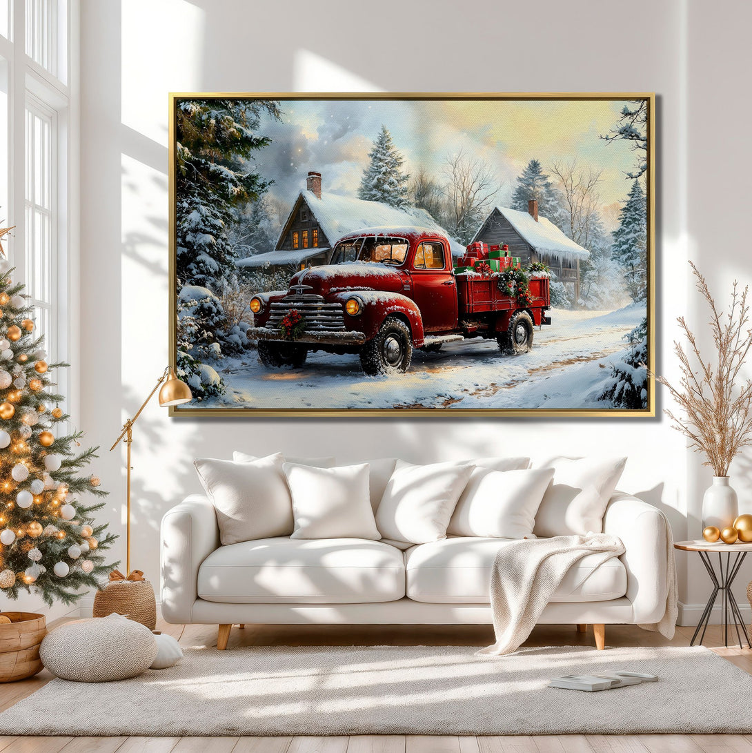 Canvas Print of a vintage red truck in a snowy winter scene, warm color palette, perfect for cozy holiday decor.