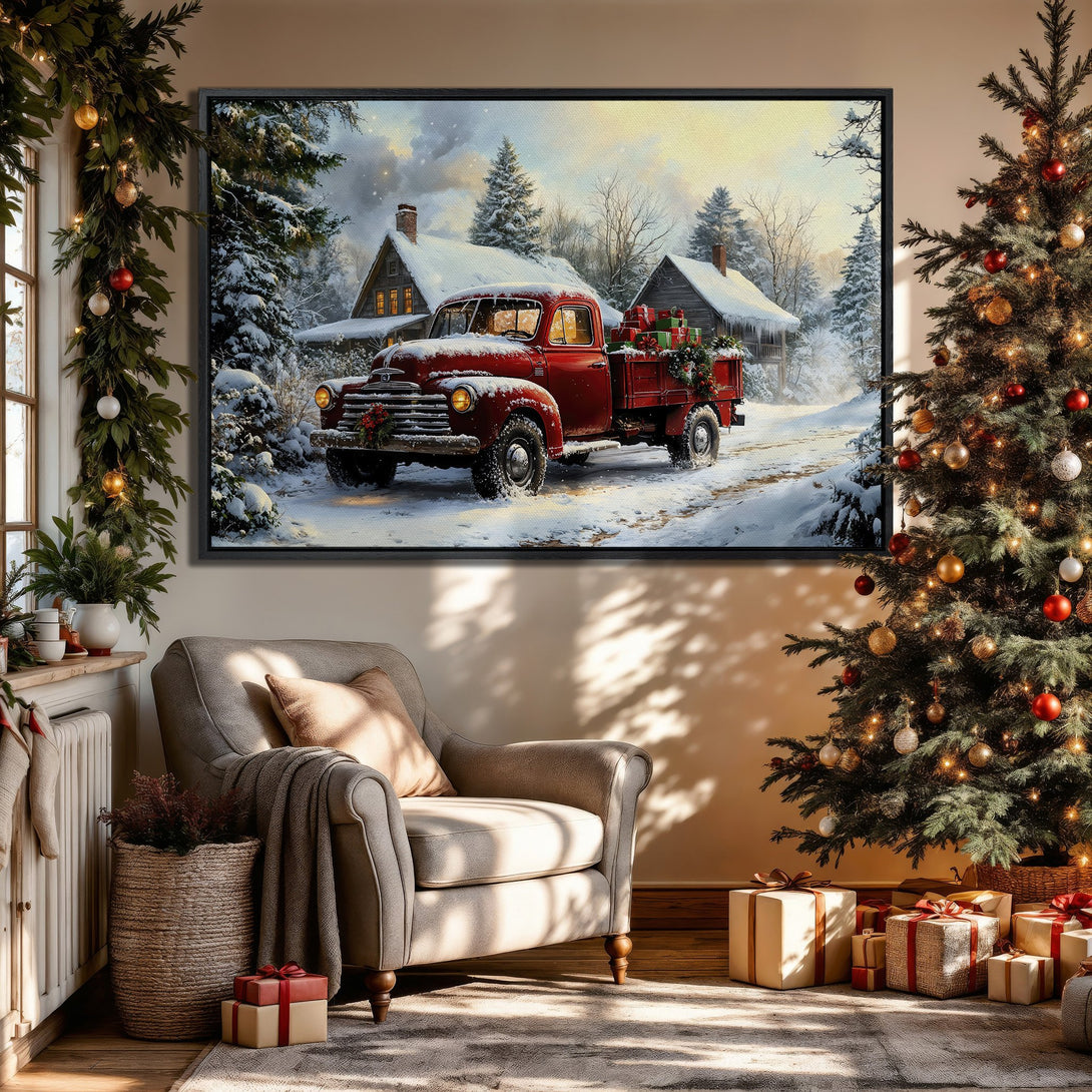 Framed Wall Art: Cozy winter scene with a red truck in a snowy landscape. Warm, inviting color palette perfect for holiday decor. Bring the charm home!