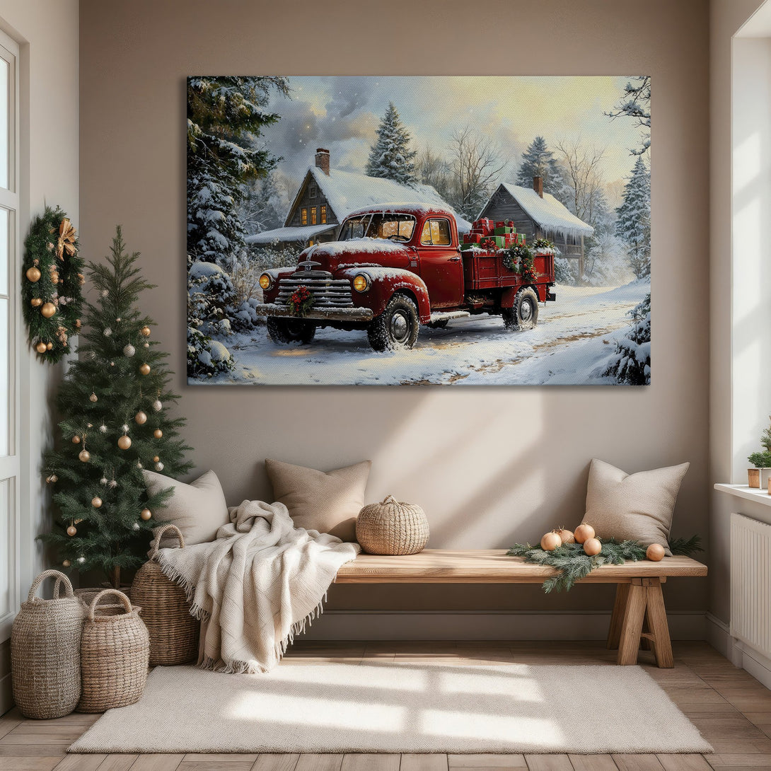 Framed Wall Art: Vintage red truck in a snowy winter scene. Rustic style, warm color palette. Perfect Christmas decor for your home.