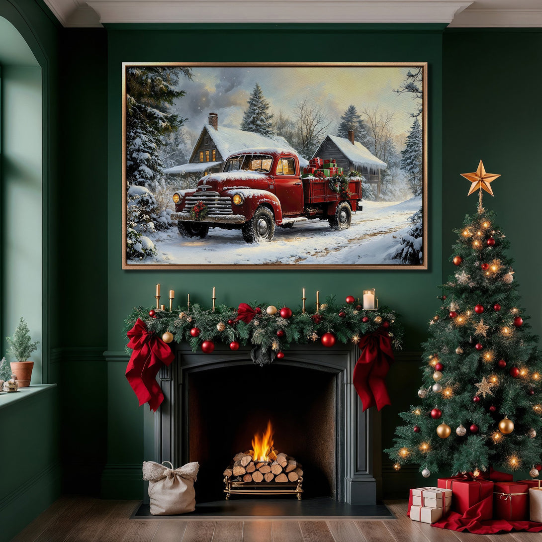 Framed Wall Art: Vintage red truck in snowy landscape. Rustic, warm color palette. Perfect for cozy holiday decor. Bring the charm of winter indoors.
