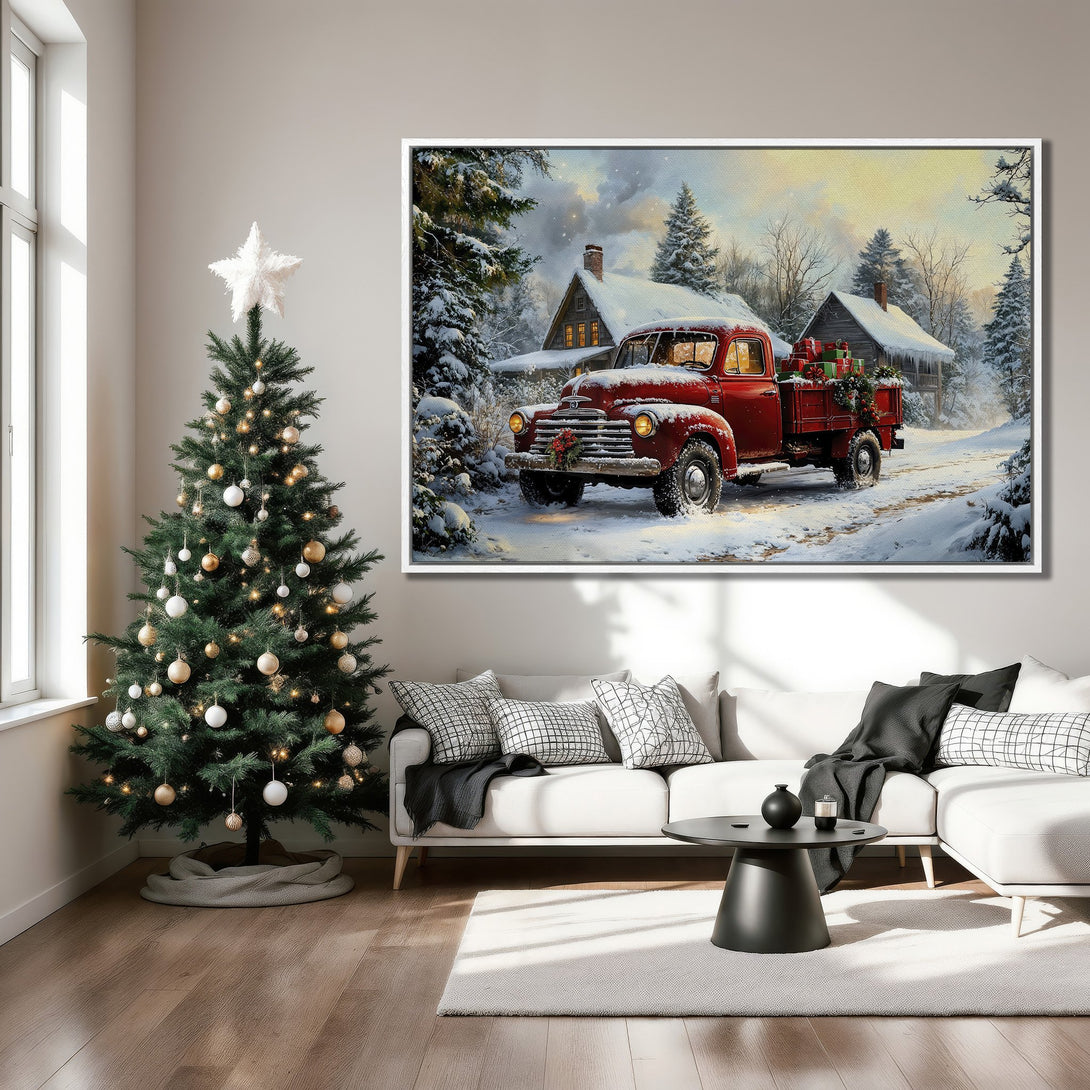 Framed Wall Art: Vintage red truck in a snowy winter scene. Rustic style, warm color palette with red, white, and green. Perfect holiday decor.