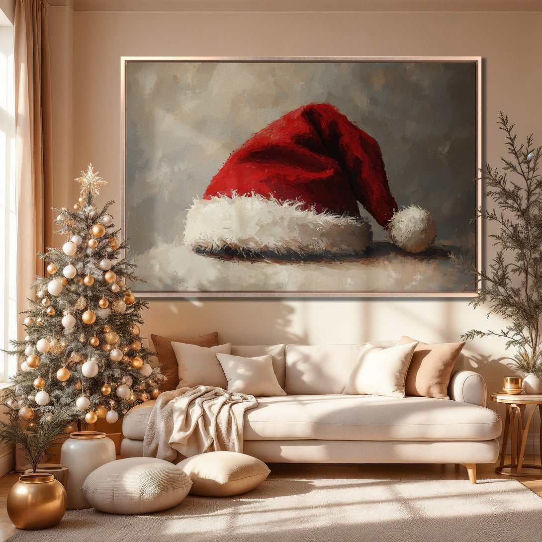 Framed Wall Art: Festive Santa hat painting in a warm, neutral living room. Modern, impressionistic style with a red, white, and beige color palette. Perfect holiday decor!
