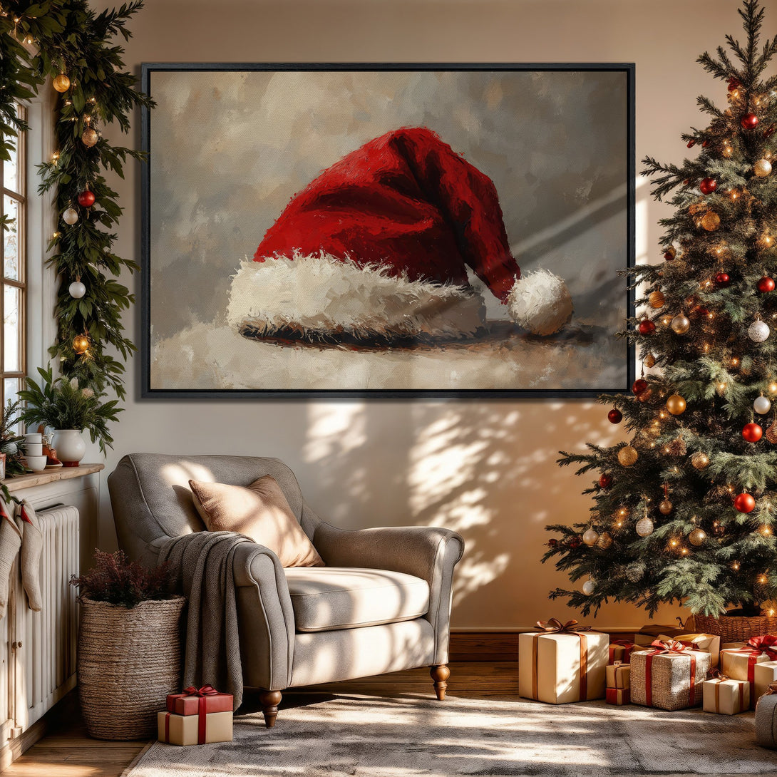 Framed Wall Art: Festive Santa hat painting in a cozy Christmas scene. Warm red and neutral color palette, perfect holiday decor.