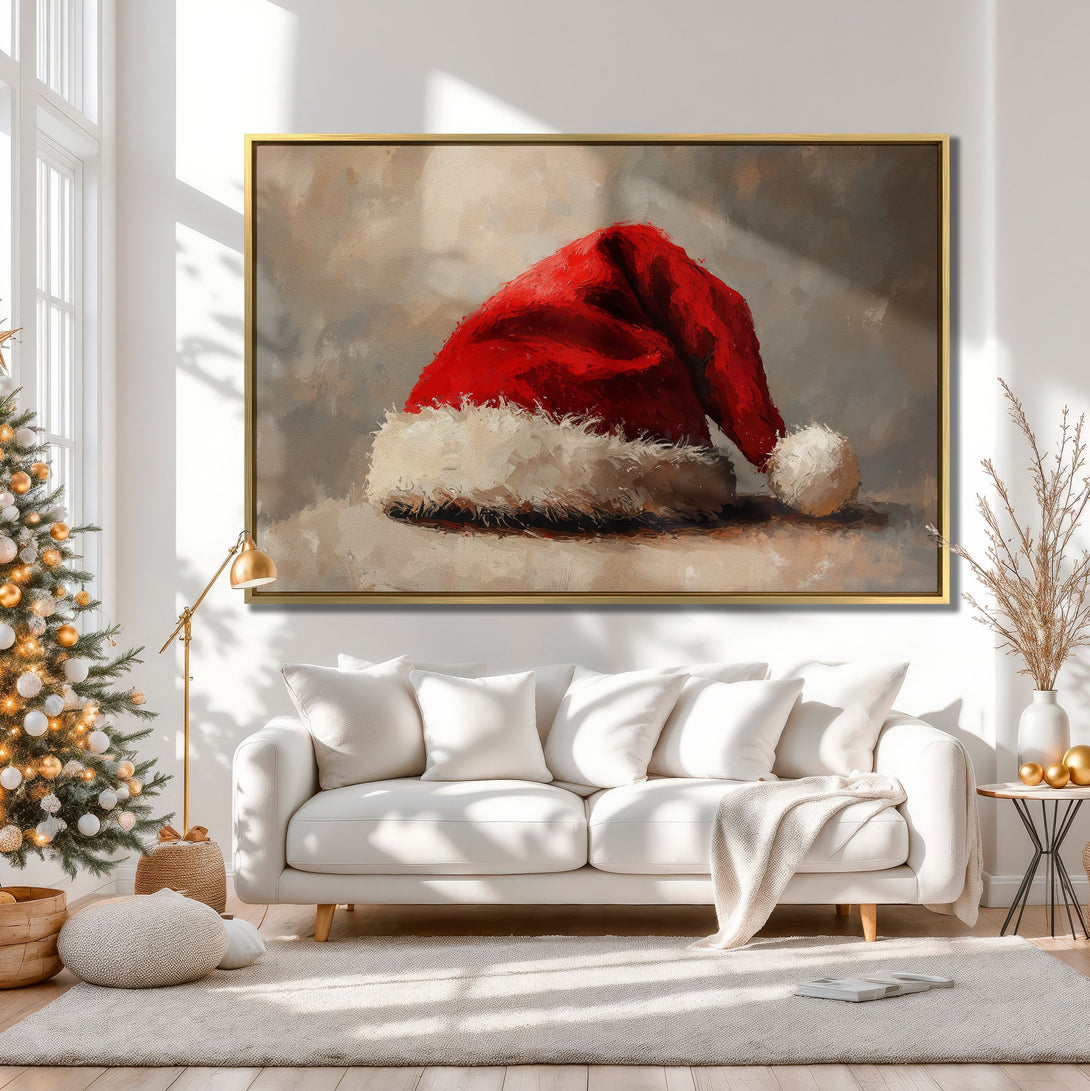 Canvas Print of a Santa hat in a cozy interior. Oil painting style with red, white, and neutral tones. Perfect Christmas wall art!