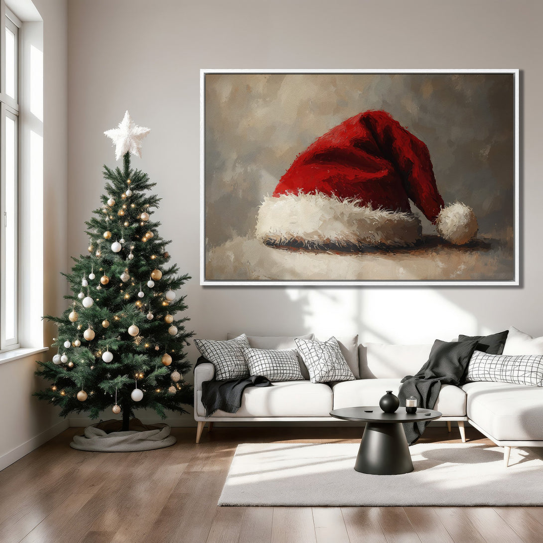 Framed Wall Art: Festive Santa hat painting in a modern living room. Rich red and neutral tones create a cozy, holiday-inspired aesthetic. Perfect Christmas decor!