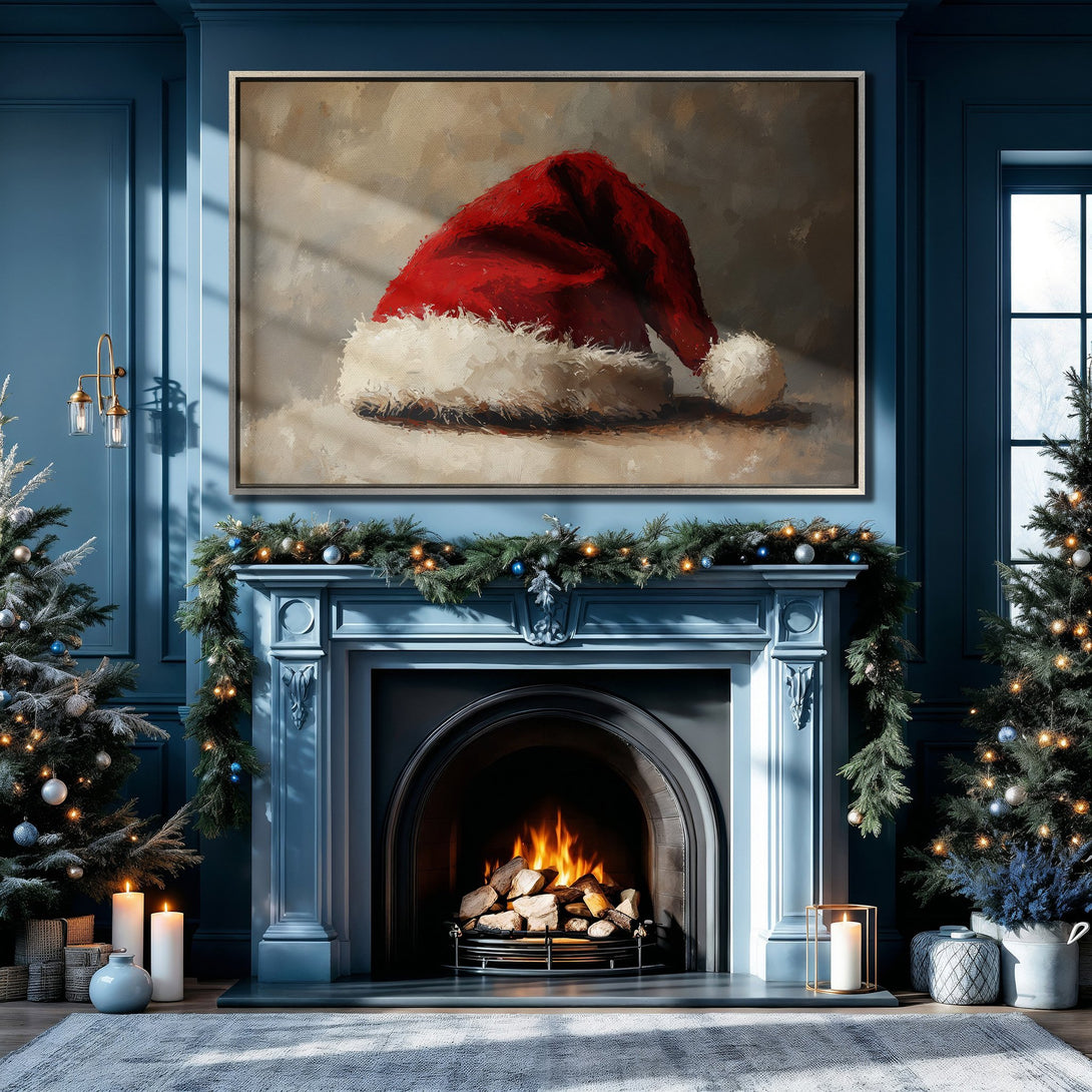 Framed Wall Art: Festive Santa hat painting in a cozy blue interior. Perfect Christmas decor with a warm, inviting color palette.