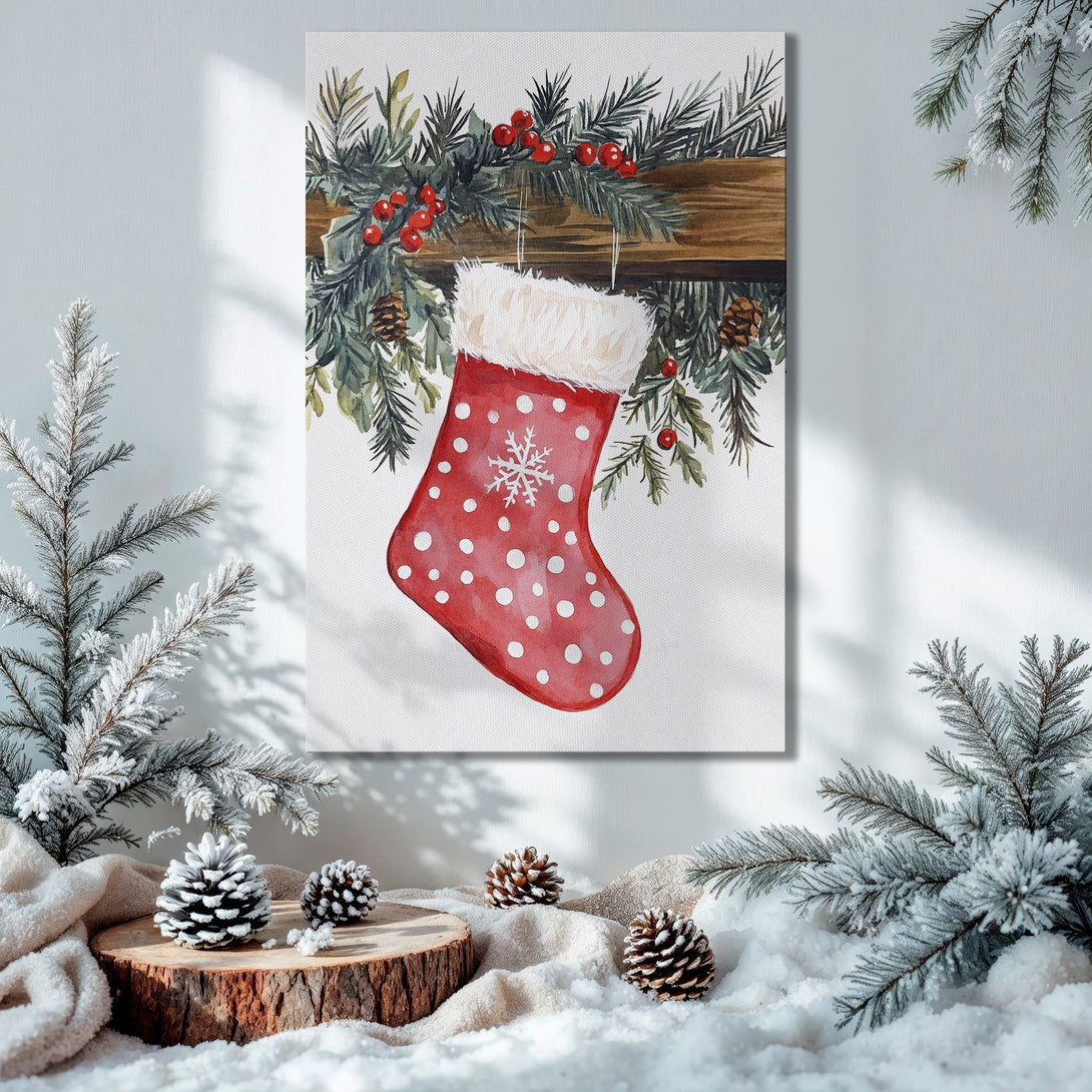 Framed Wall Art: Watercolor Christmas stocking art in red and white, displayed in a festive interior with a Christmas tree.