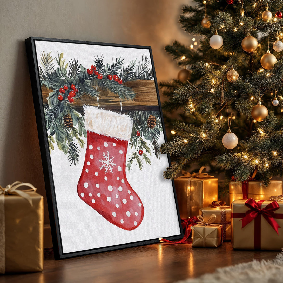 Framed Wall Art: Watercolor Christmas stocking print in red & green. Festive holiday decor with warm, inviting color palette. Perfect Christmas gift!