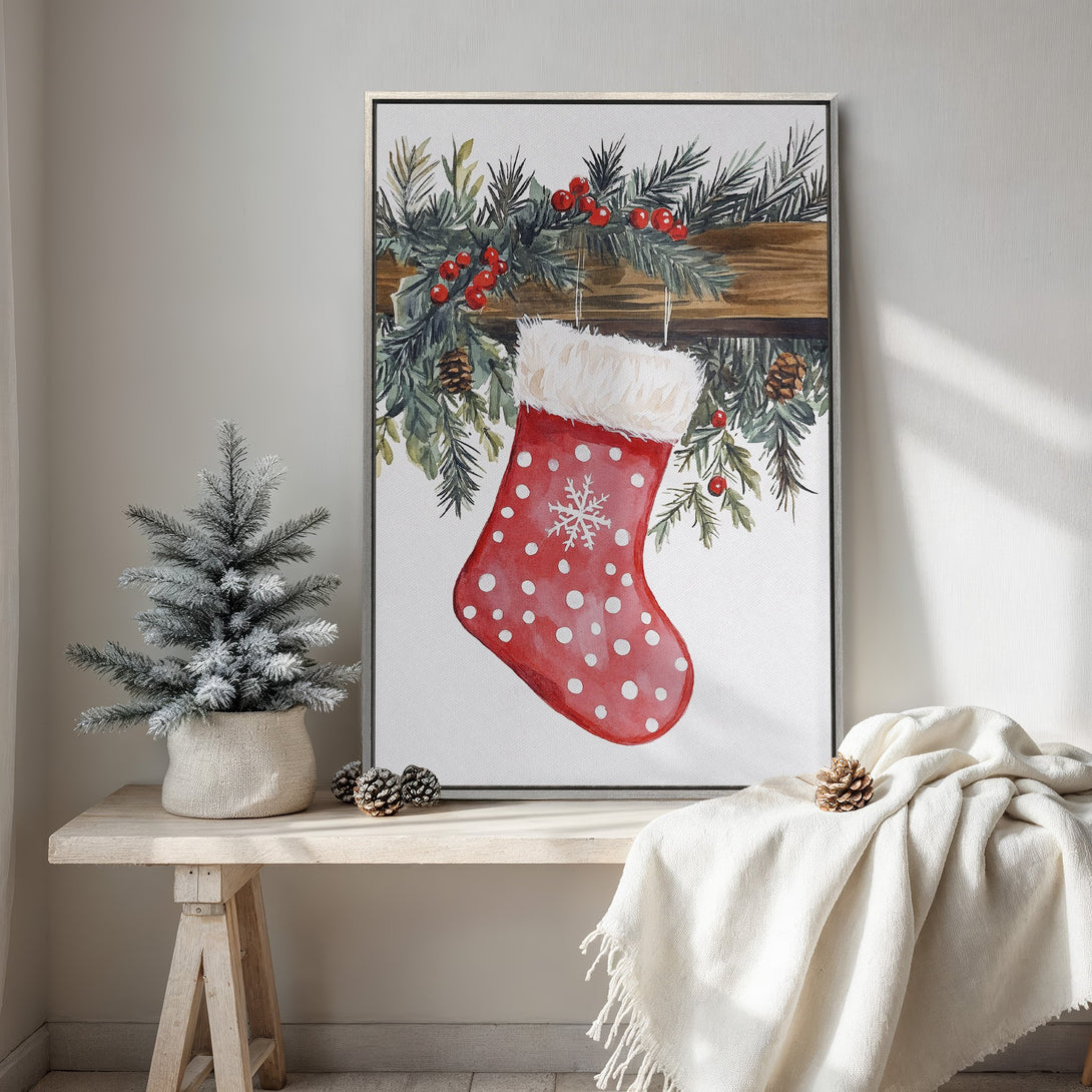 Framed Wall Art: Watercolor Christmas stocking print with red, green, and white color palette. Festive holiday decor for your home.