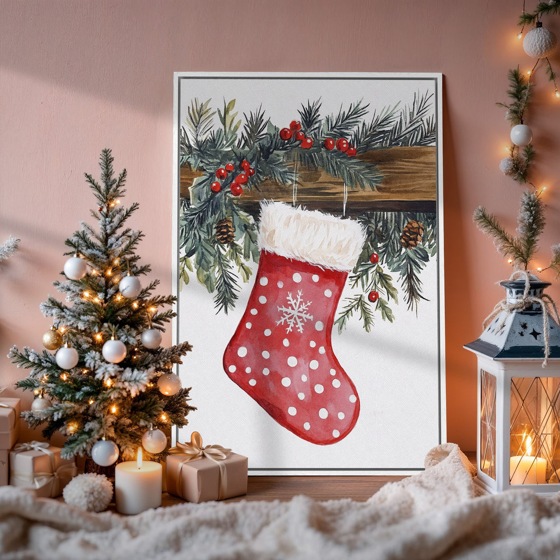 Framed Wall Art: Watercolor Christmas stocking print with red, green, and white color palette. Festive holiday decor for your home.