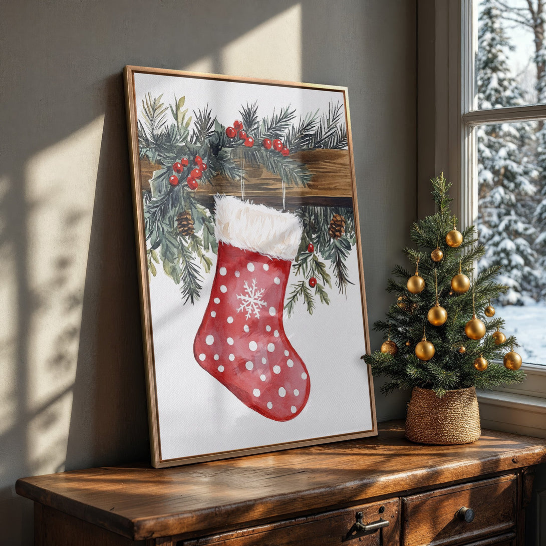 Framed Wall Art: Watercolor Christmas stocking print in red & green, perfect holiday decor. Rustic style, cozy interior.
