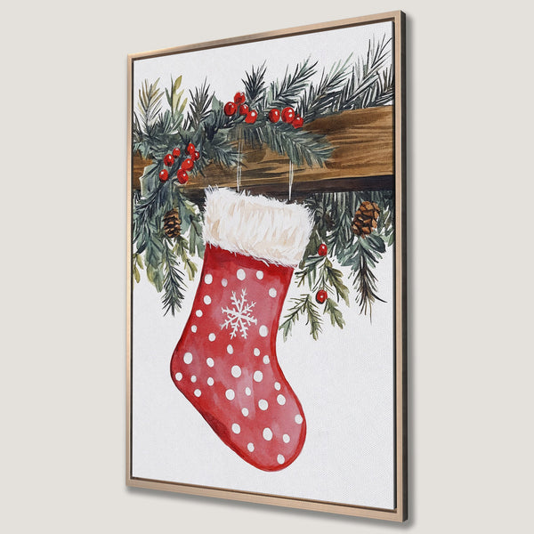 Framed Wall Art featuring a watercolor Christmas stocking with red, green, and white colors. Festive holiday decor for your home.