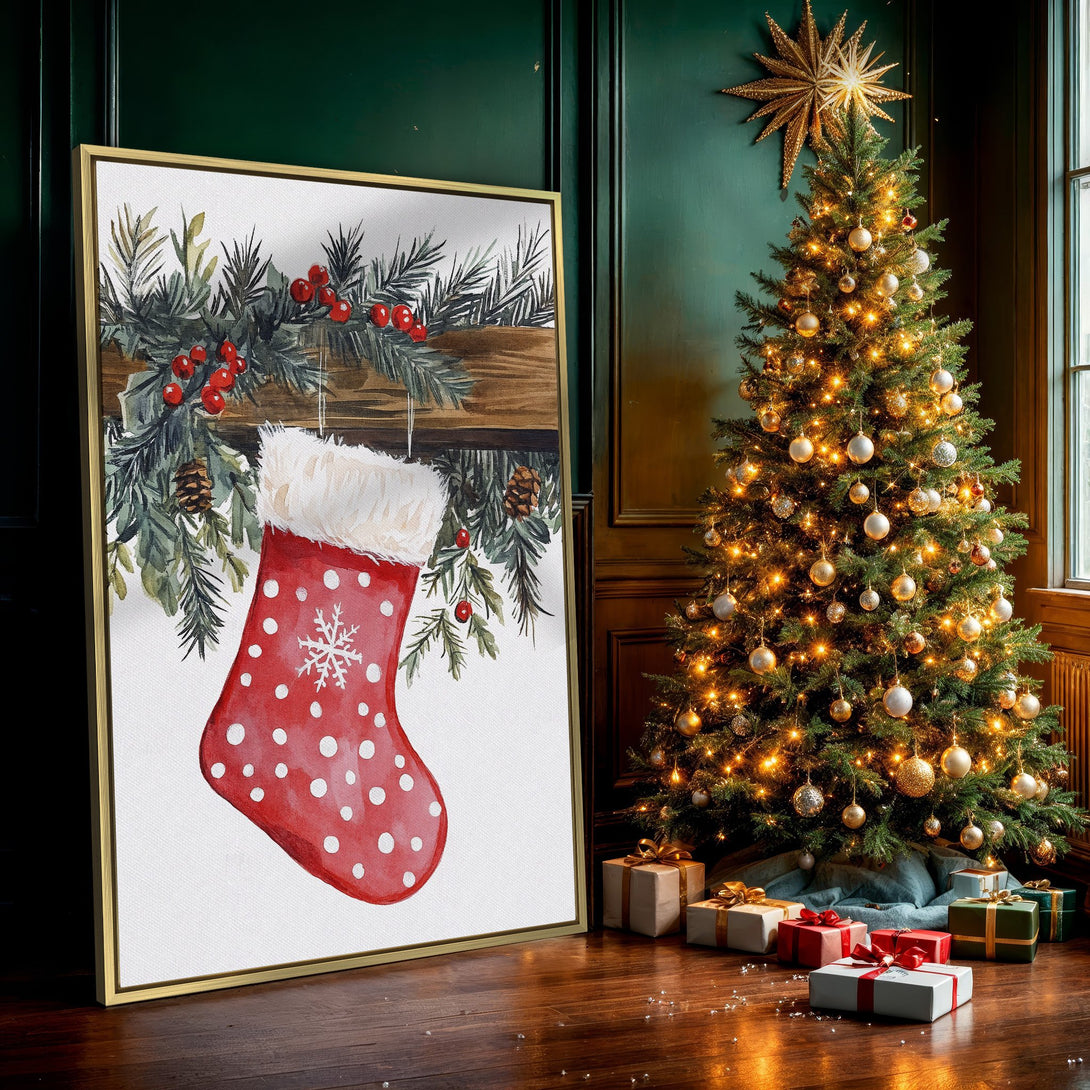Canvas Print of a watercolor Christmas stocking with red and white polka dots, surrounded by greenery and pinecones. Festive holiday decor.