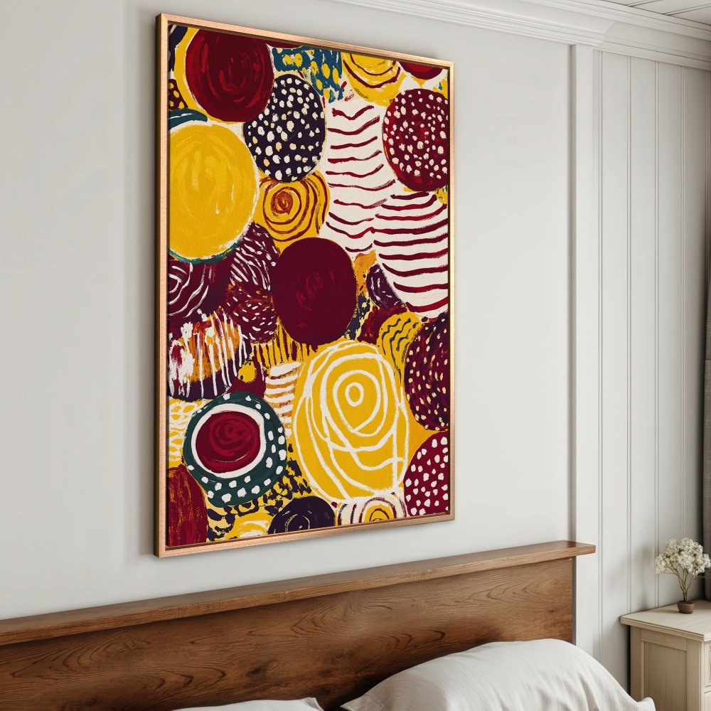 Framed Wall Art: Abstract circles in vibrant red, yellow, and burgundy. Modern art canvas print adds a pop of color to any room.