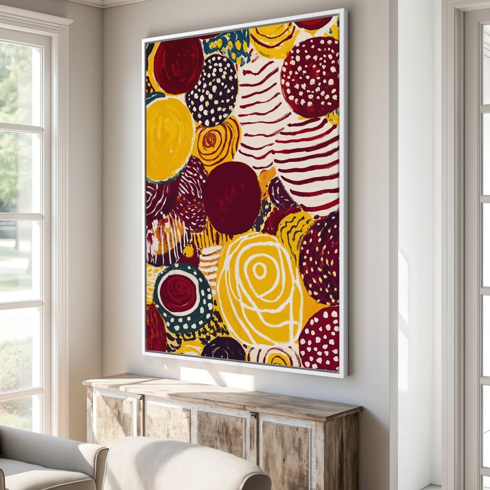 Framed Wall Art: Abstract art Canvas Print with bold circles in yellow, red, and burgundy. Modern art for living room decor.