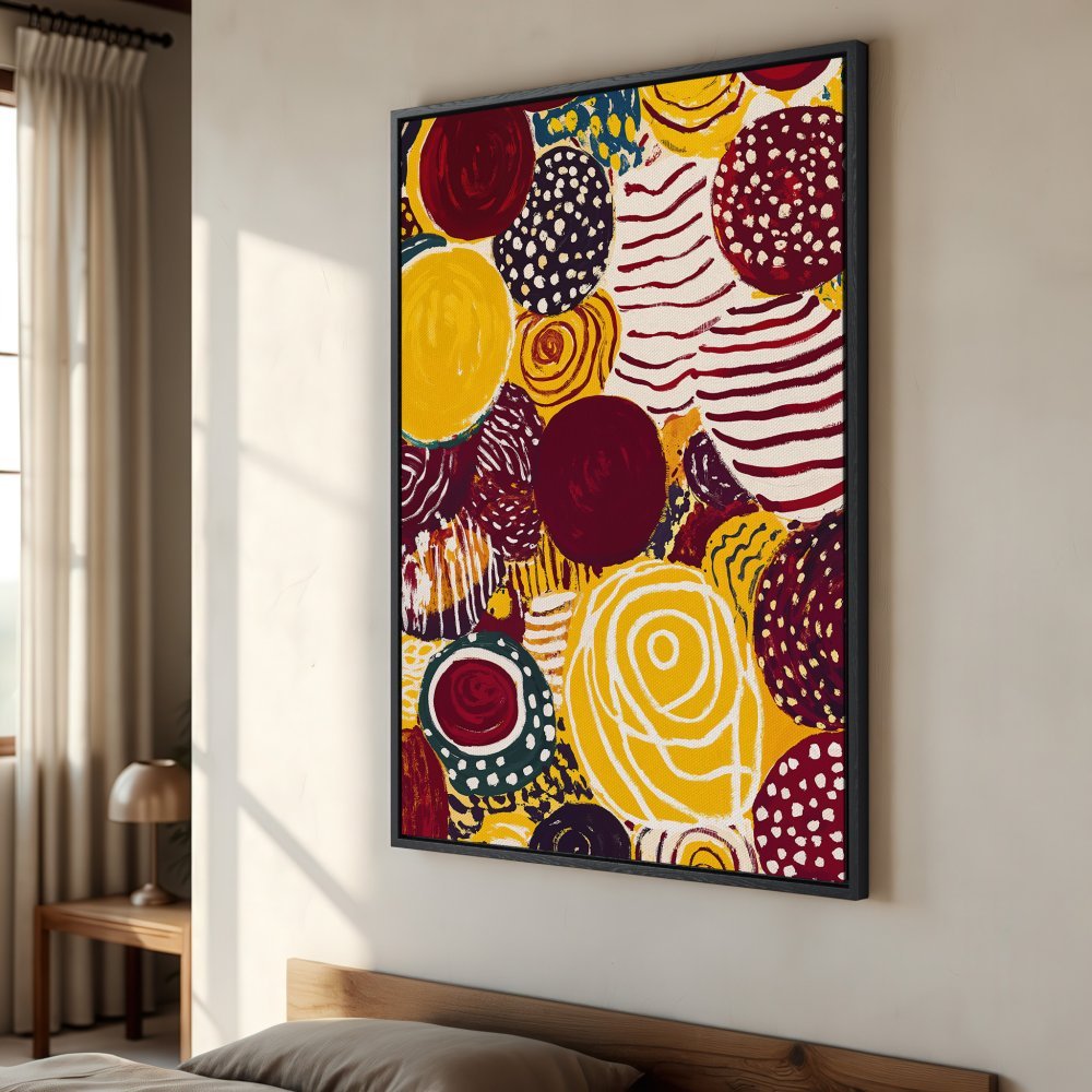 Framed Wall Art: Abstract circles in vibrant yellow, red, and burgundy. Modern art Canvas Print adds a pop of color to any room.