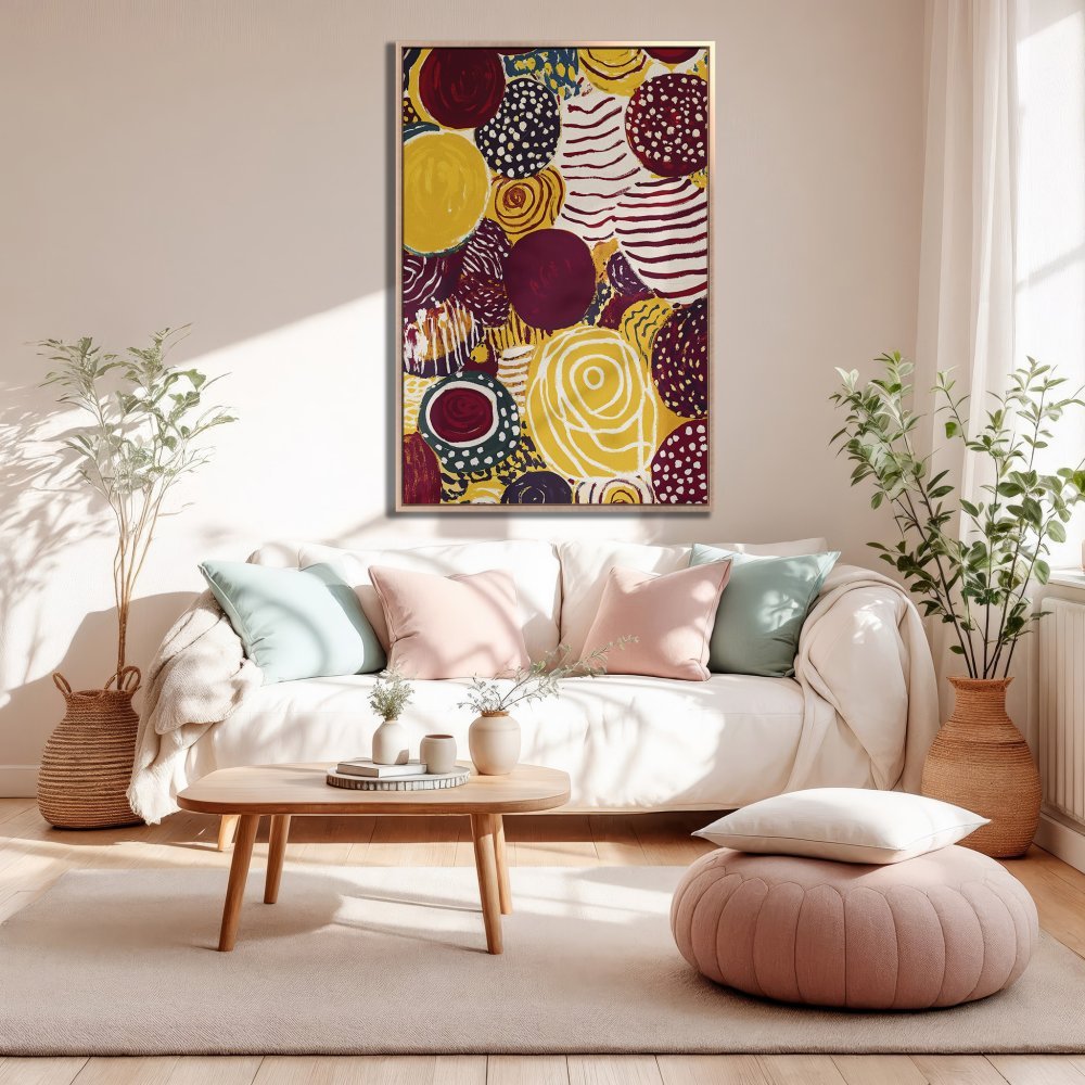 Framed Wall Art featuring abstract circles in yellow, burgundy, and white. Modern art canvas print for living room decor.